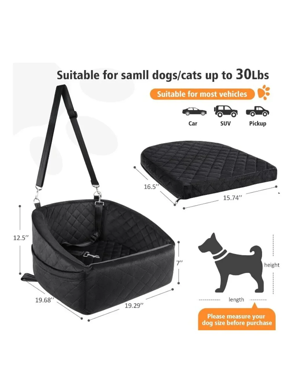 Dog Car Seat Booster Travel Bed Black Quilted Washable with Storage Pockets